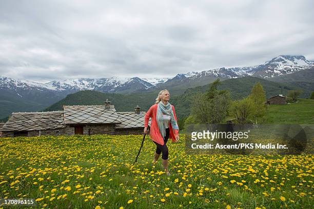 woman walks through alpine meadow above village - walking stick photos et images de collection