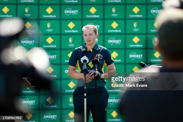 Alyssa Healy, Captain of Australia, talks during a media opportunity ahead of an Australian Womens T20 International squad training session at North...