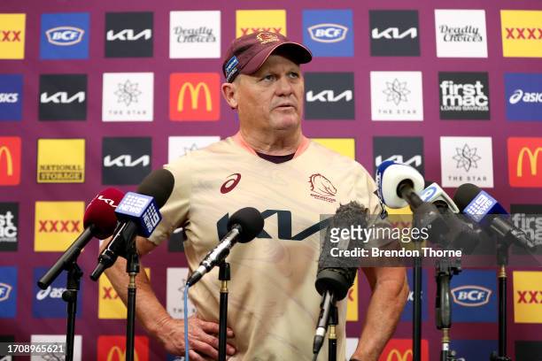 Broncos coach, Kevin Walters speaks to the press following a the Brisbane Broncos NRL captain's run at Accor Stadium on September 30, 2023 in Sydney,...