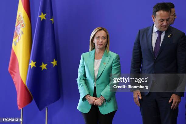 Giorgia Meloni, Italy's prime minister, left, and Leo Varadkar, Ireland's prime minister, during a family photo at an informal meeting of European...