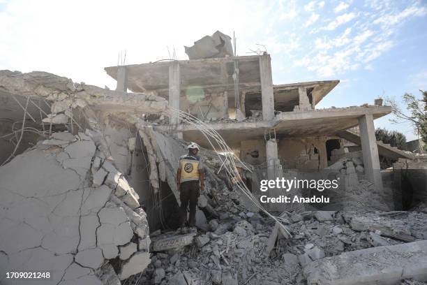 View of destroyed buildings after an airstrike by three Russian warplanes which took off from Khmeimim Air Base in Latakia and launched airstrikes on...