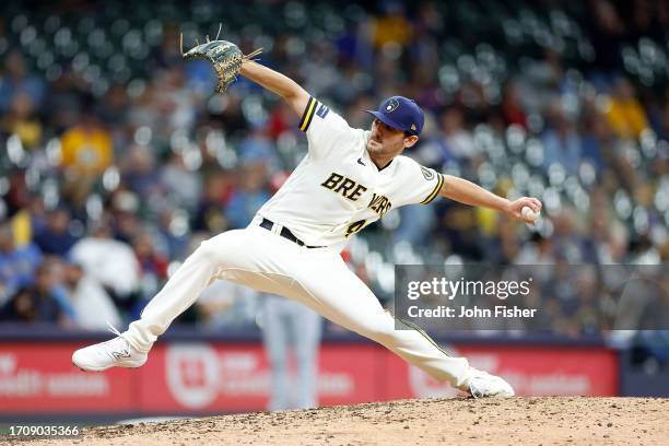 Ethan Small of the Milwaukee Brewers throws a pitch against the St. Louis Cardinals at American Family Field on September 28, 2023 in Milwaukee,...