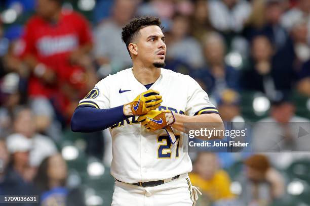 Willy Adames of the Milwaukee Brewers during the game against the St. Louis Cardinals at American Family Field on September 28, 2023 in Milwaukee,...