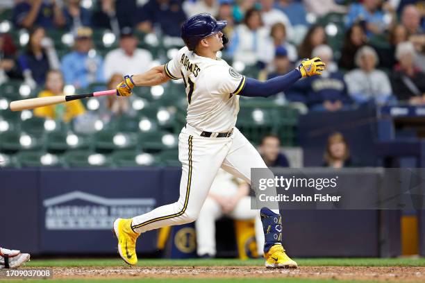 Willy Adames of the Milwaukee Brewers up to bat against the St. Louis Cardinals at American Family Field on September 28, 2023 in Milwaukee,...