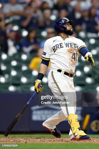 Carlos Santana of the Milwaukee Brewers up to bat against the St. Louis Cardinals at American Family Field on September 28, 2023 in Milwaukee,...