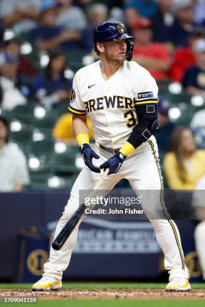 Josh Donaldson of the Milwaukee Brewers up to bat against the St. Louis Cardinals at American Family Field on September 28, 2023 in Milwaukee,...