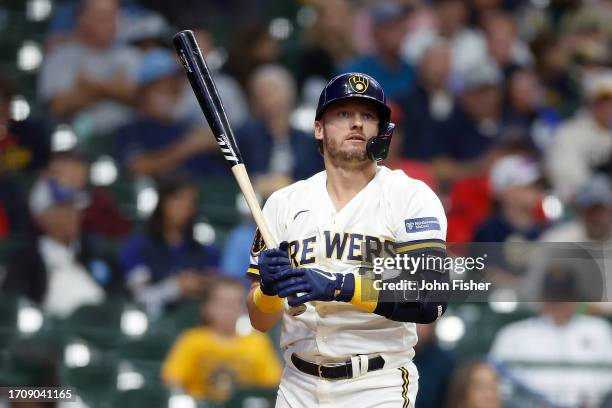 Josh Donaldson of the Milwaukee Brewers up to bat against the St. Louis Cardinals at American Family Field on September 28, 2023 in Milwaukee,...