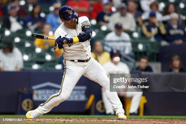 Josh Donaldson of the Milwaukee Brewers up to bat against the St. Louis Cardinals at American Family Field on September 28, 2023 in Milwaukee,...