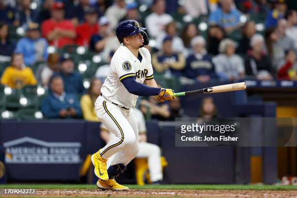 Willy Adames of the Milwaukee Brewers up to bat against the St. Louis Cardinals at American Family Field on September 28, 2023 in Milwaukee,...