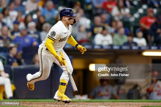 William Contreras of the Milwaukee Brewers up to bat against the St. Louis Cardinals at American Family Field on September 28, 2023 in Milwaukee,...