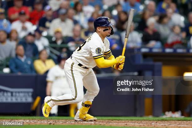 William Contreras of the Milwaukee Brewers up to bat against the St. Louis Cardinals at American Family Field on September 28, 2023 in Milwaukee,...