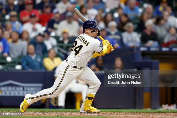 William Contreras of the Milwaukee Brewers up to bat against the St. Louis Cardinals at American Family Field on September 28, 2023 in Milwaukee,...