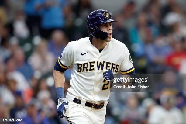 Christian Yelich of the Milwaukee Brewers up to bat against the St. Louis Cardinals at American Family Field on September 28, 2023 in Milwaukee,...