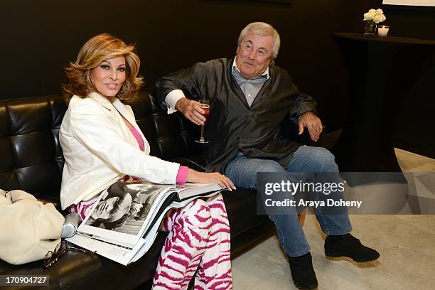 Raquel Welch and Terry O'Neill attend a gallery exhibit of Terry O'Neill Presents The Opus: A 50 Year Retrospective at Mouche Gallery on June 19,...