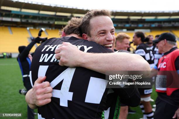 Brad Weber and Ollie Sapsford of Hawkes Bay celebrate after winning the Ranfurly Shield during the round nine Bunnings Warehouse NPC match between...