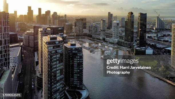 aerial picture of melbourne cbd taken from docklands - docklands melbourne stock-fotos und bilder