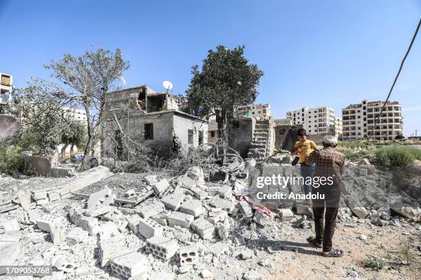 View of the damaged buildings in the area as a result of the attack by the Syrian army in Idlib, Syria on October 06, 2023. 13 civilians, including 6...