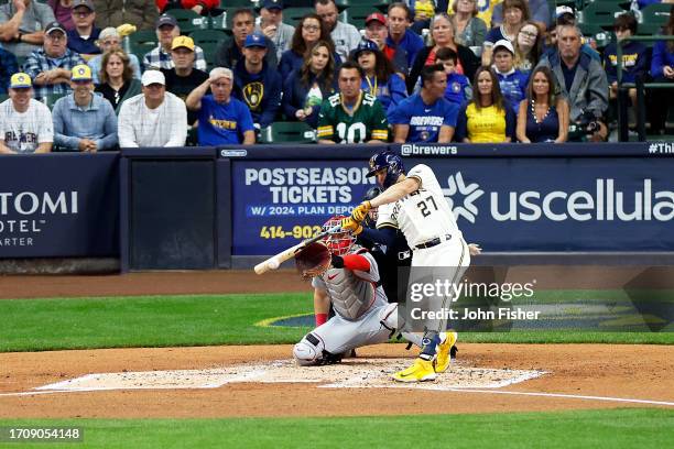 Willy Adames of the Milwaukee Brewers up to bat against the St. Louis Cardinals at American Family Field on September 28, 2023 in Milwaukee,...