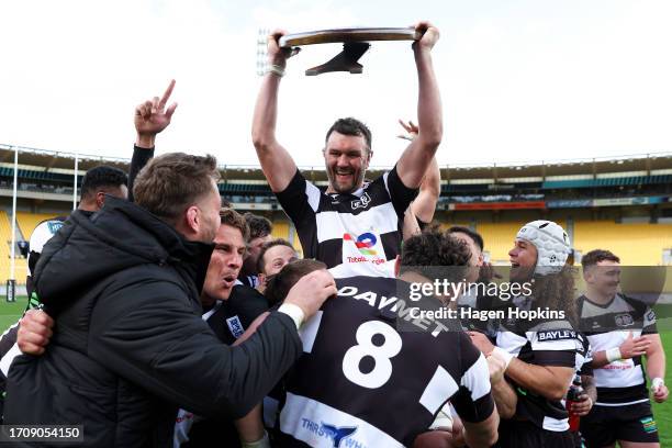 Tom Parsons of Hawkes Bay celebrates after winning the Ranfurly Shield during the round nine Bunnings Warehouse NPC match between Wellington and...