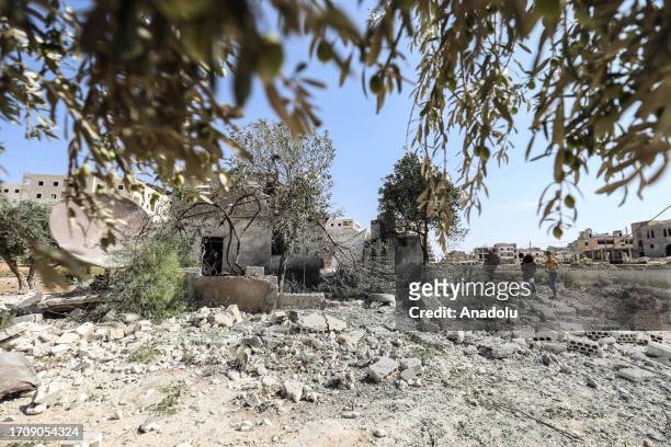 View of the damaged buildings in the area as a result of the attack by the Syrian army in Idlib, Syria on October 06, 2023. 13 civilians, including 6...