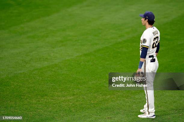 Christian Yelich of the Milwaukee Brewers during the game against the St. Louis Cardinals at American Family Field on September 28, 2023 in...