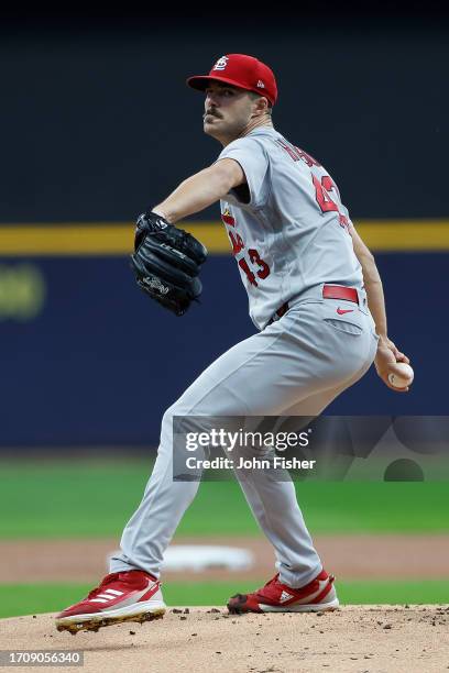 Dakota Hudson of the St. Louis Cardinals throws a pitch against the Milwaukee Brewers at American Family Field on September 28, 2023 in Milwaukee,...