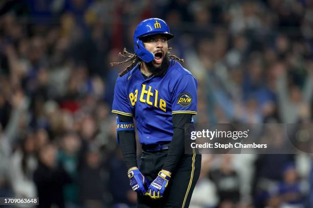 Crawford of the Seattle Mariners reacts after his grand slam during the fourth inning against the Texas Rangers at T-Mobile Park on September 29,...