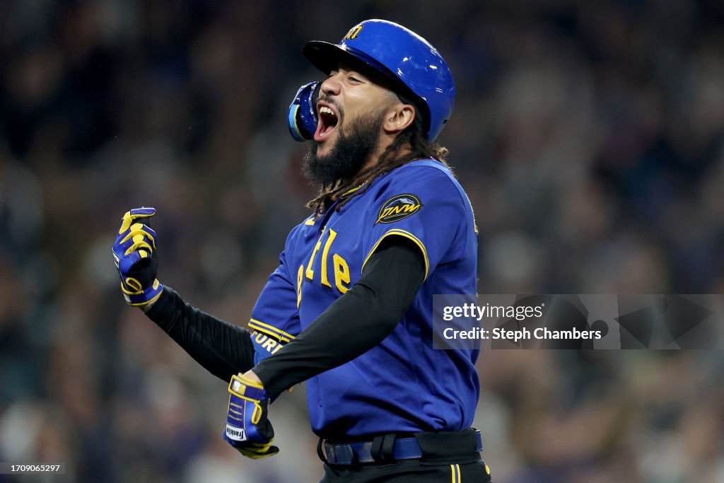 Seattle Rangers J.P. Crawford of the Seattle Mariners reacts after his grand slam ...