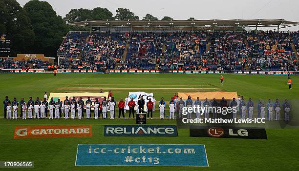 Sri Lanka line up against Inida ahead of the ICC Champions Trophy Semi Final match between India and Sri Lanka at SWALEC Stadium on June 20, 2013 in...