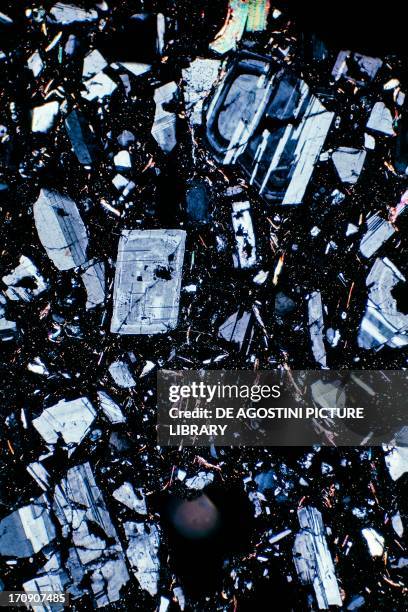 Andesite under the microscope, extrusive igneous rock.