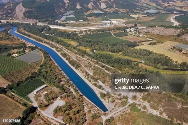 Canalized Durance River in the surroundings of Gap, Ecrins National Park , Hautes Alpes, France.