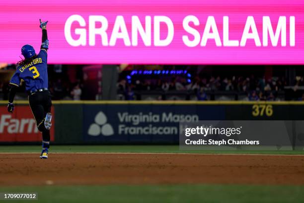 Crawford of the Seattle Mariners reacts after his grand slam during the fourth inning against the Texas Rangers at T-Mobile Park on September 29,...