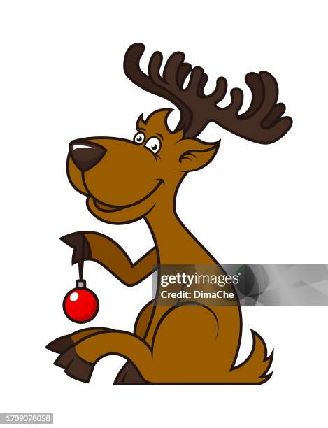 christmas deer, stag, elk holding christmas tree ball - doe foot stock illustrations