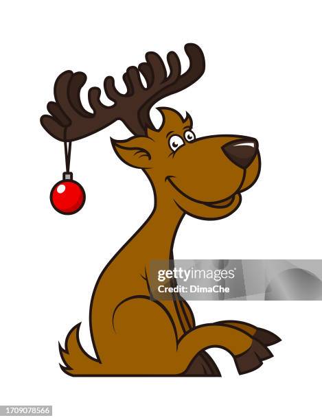 christmas deer, stag, elk with xmas ball on antlers - dead deer cartoon stock illustrations