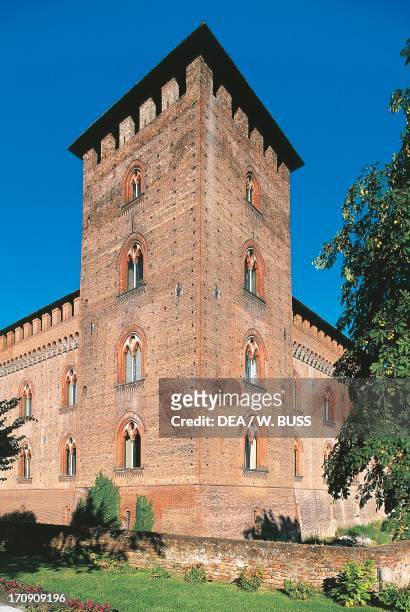 Corner tower of Visconti Castle, built between 1360 and 1365 and commissioned by Galeazzo II Visconti, Pavia, Lombardy, Italy.