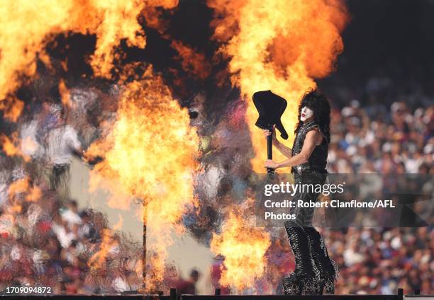 Paul Stanley of KISS performs during the 2023 AFL Grand Final match between Collingwood Magpies and Brisbane Lions at Melbourne Cricket Ground, on...