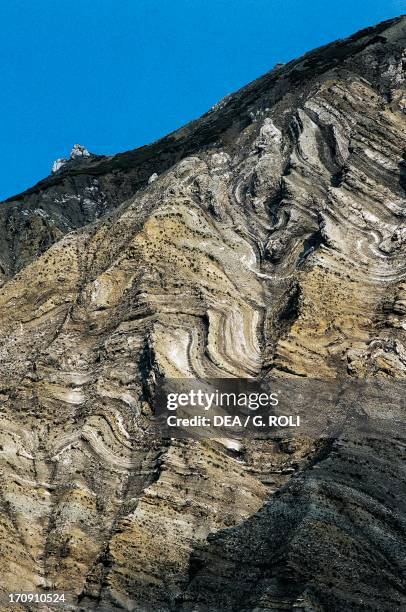 Geological layers on the west side of Cima Valles, Pale di San Martino, Paneveggio-Pale di San Martino Nature Park, Dolomites , Trentino-Alto Adige,...