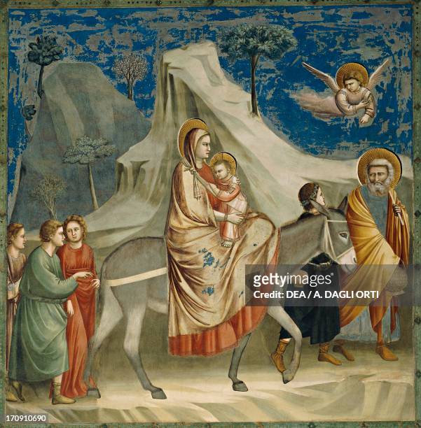 The Flight into Egypt, by Giotto , detail from the cycle of frescoes Life and Passion of Christ, 1303-1305, after the restoration in 2002, Scrovegni...