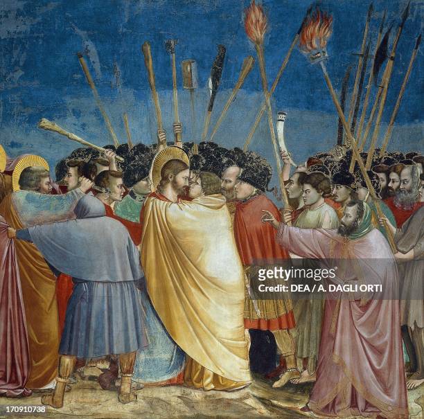 The kiss of Judas, by Giotto , detail from the cycle of frescoes Life and Passion of Christ, 1303-1305, after the restoration in 2002, Scrovegni...