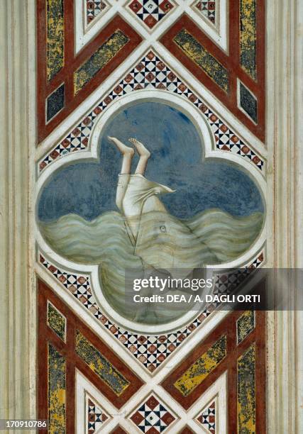 Jonah swallowed by a whale, by Giotto , detail from the cycle of frescoes Life and Passion of Christ, 1303-1305, after the restoration in 2002,...