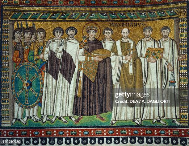 Emperor Justinian and his retinue, apse mosaic, left side, 6th century, Basilica of San Vitale , founded 526, Ravenna, Emilia-Romagna, Italy.