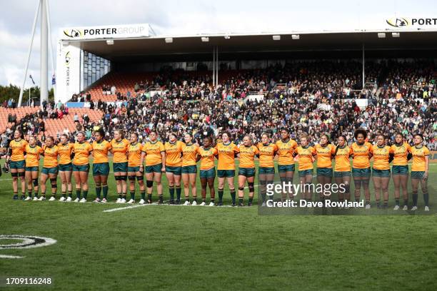 Australia line up for national anthems during the Womens International Test Match between the New Zealand Black Ferns and Australia Wallaroos at FMG...
