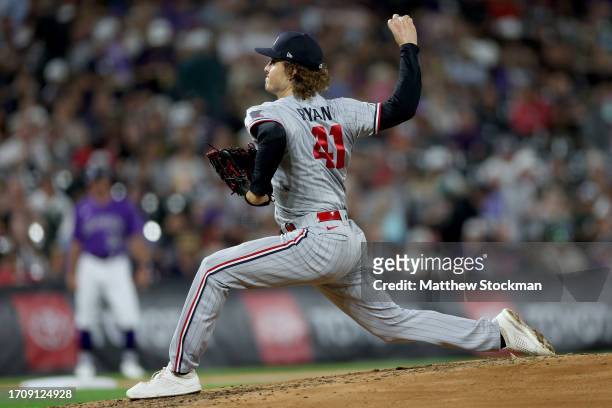 Pitcher Joe Ryan of the Minnesota Twins throws against the Colorado Rockies in the fifth inning at Coors Field on September 29, 2023 in Denver,...