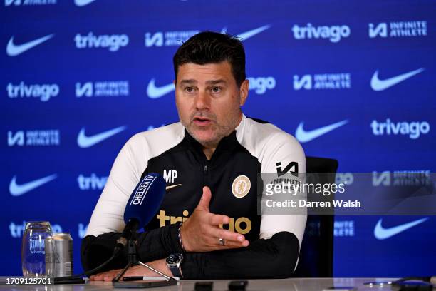 Mauricio Pochettino of Chelsea during a press conference at Chelsea Training Ground on October 6, 2023 in Cobham, England.