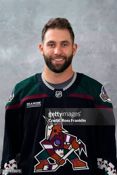 Jason Zucker of the Arizona Coyotes poses for his official headshot for the 2023-2024 season at Marriott McDowell Mountain Resort on September 13,...