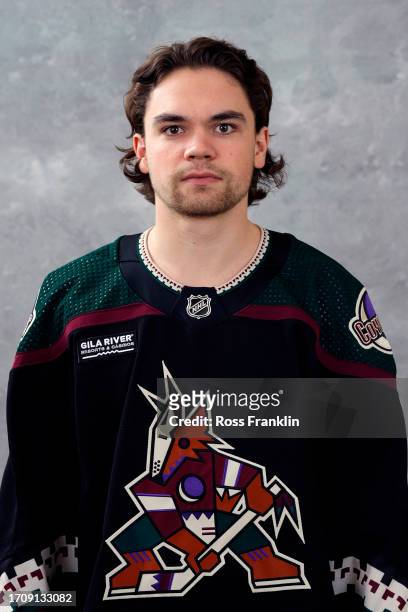 Matias Maccelli of the Arizona Coyotes poses for his official headshot for the 2023-2024 season at Marriott McDowell Mountain Resort on September 13,...