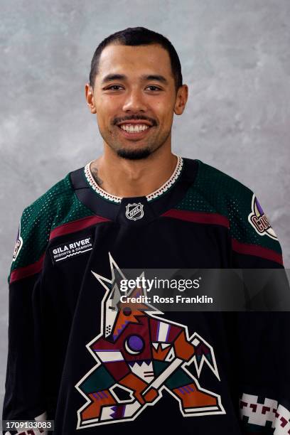 Matt Dumba of the Arizona Coyotes poses for his official headshot for the 2023-2024 season at Marriott McDowell Mountain Resort on September 13, 2023...