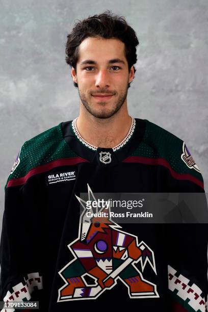 Sean Durzi of the Arizona Coyotes poses for his official headshot for the 2023-2024 season at Marriott McDowell Mountain Resort on September 13, 2023...