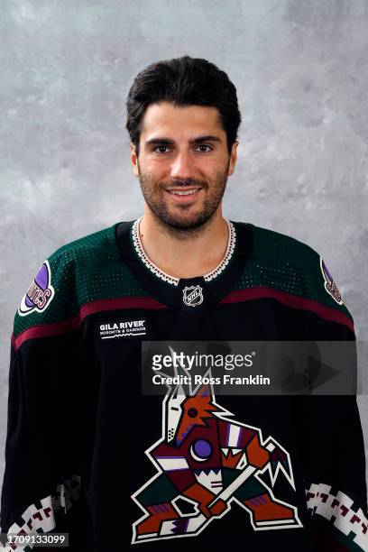 Nick Schmaltz of the Arizona Coyotes poses for his official headshot for the 2023-2024 season at Marriott McDowell Mountain Resort on September 13,...