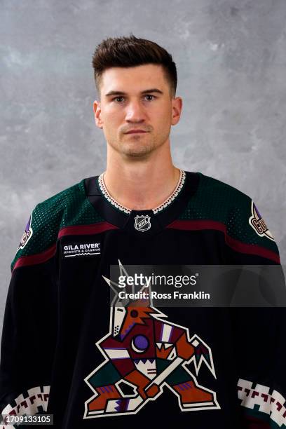Josh Brown of the Arizona Coyotes poses for his official headshot for the 2023-2024 season at Marriott McDowell Mountain Resort on September 13, 2023...